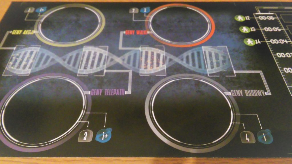 Tutaj mamy tablicę genów, która stanowi lokum dla zasobów genów, za jej pomocą również oznaczamy rundy. Wykonana jest z cienkiego, aczkolwiek nie niszczącego się papieru.