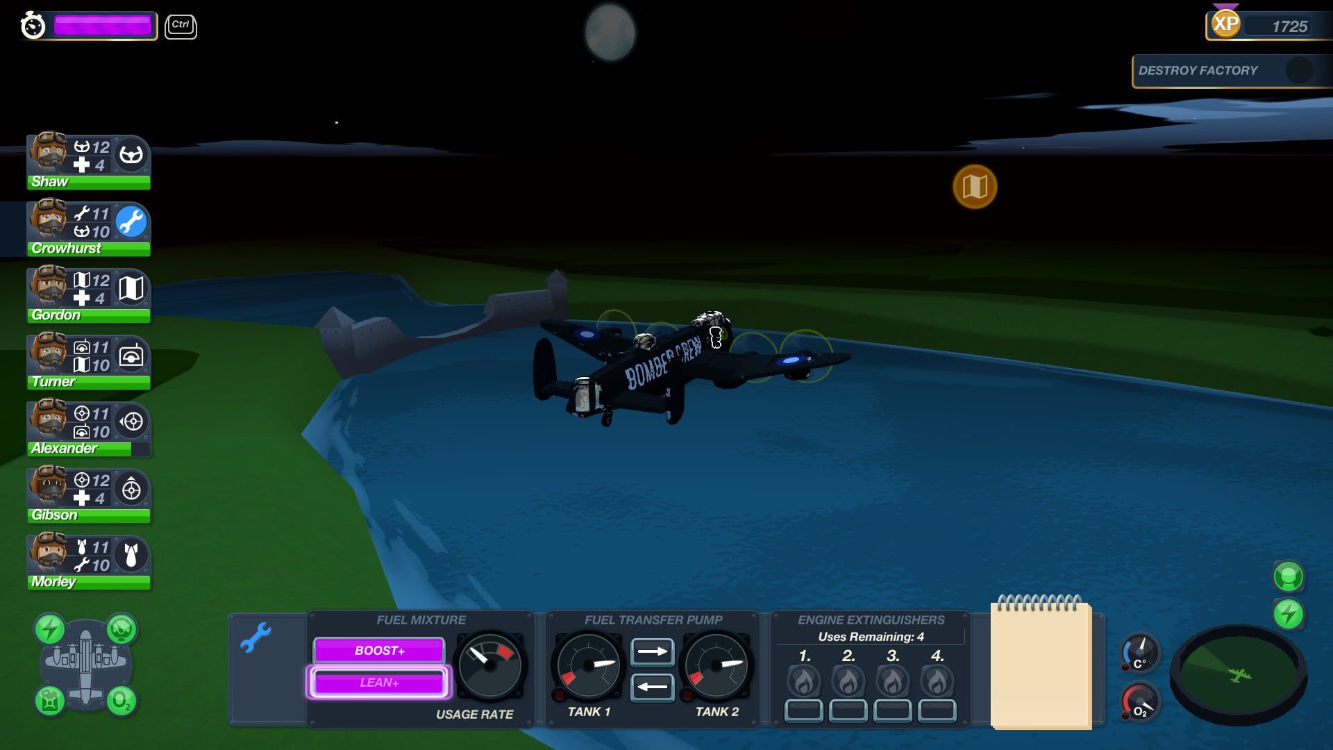 Nocny lot nad zniszczoną tamą.